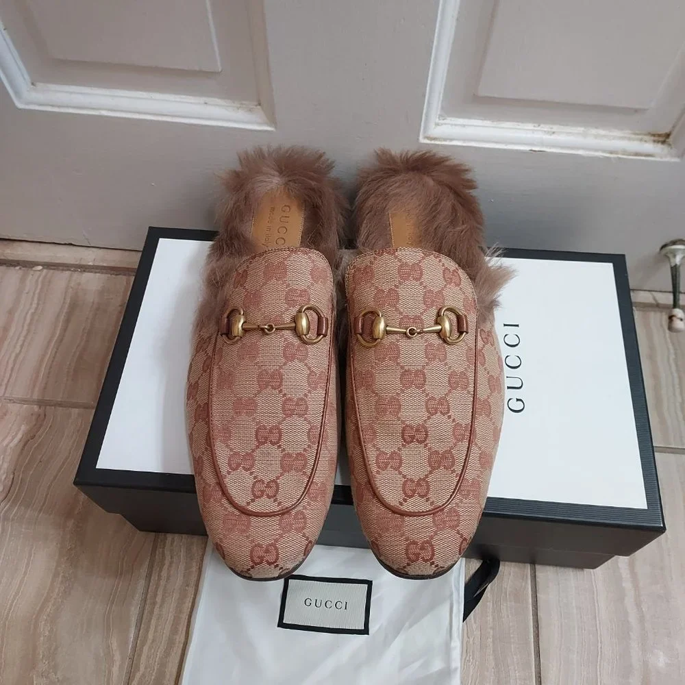 Gucci Beige GG Monogram Fur Princetown Mens Mules - Picture 6 of 10
